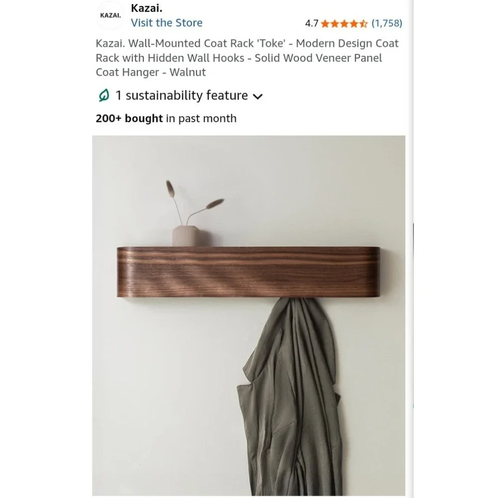 Kazai Toke Wall Mounted Coat Rack Modern Hidden Hooks Solid Wood Walnut 5 Hooks